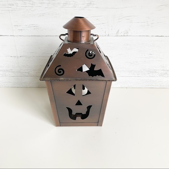 HALLOWEEN Tea light Metal Lantern Oil Rubbed Bronze Jack O Lantern Bats - Picture 2 of 7